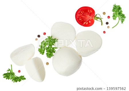 Mini mozzarella balls with parsley leaf isolated on white background. Top view. Flat lay. Mini mozzarella balls with parsley leaf isolated on white background. Top view. Flat lay. 139597562