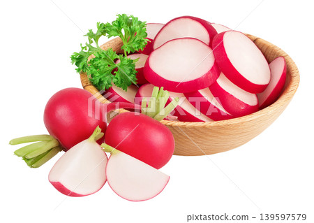 Radish slices in wooden bowl isolated on white background with full depth of field 139597579