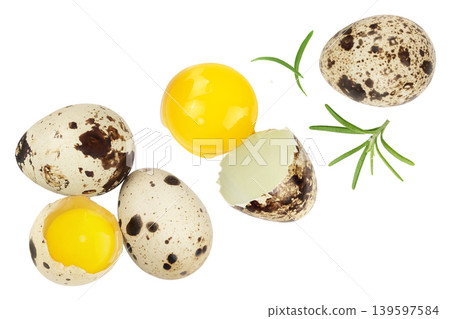 Raw quail egg isolated on white background with full depth of field. Top view. Flat lay Raw quail egg isolated on white background with full depth of field. Top view. Flat lay 139597584