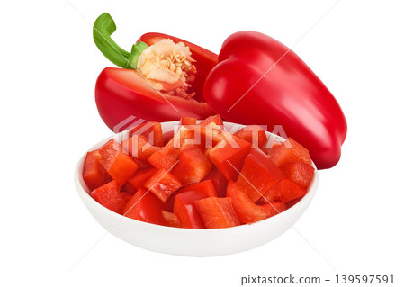 slices of red sweet bell pepper in ceramic bowl isolated on white background with full depth of field slices of red sweet bell pepper in ceramic bowl isolated on white background with full depth of field 139597591