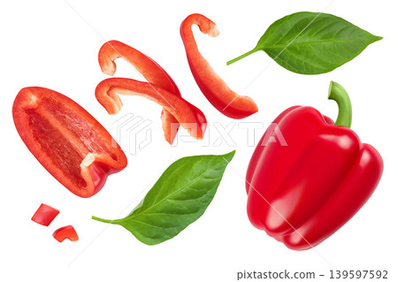 slices of red sweet bell pepper isolated on white background. Top view. Flat lay slices of red sweet bell pepper isolated on white background. Top view. Flat lay 139597592