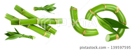 Green bamboo with leaves isolated on white background with full depth of field. Top view. Flat lay Green bamboo with leaves isolated on white background with full depth of field. Top view. Flat lay 139597595