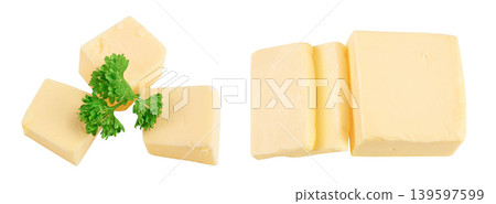 butter cubes isolated on white background with full depth of field. Top view. Flat lay butter cubes isolated on white background with full depth of field. Top view. Flat lay 139597599