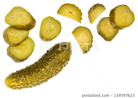 Marinated pickled cucumber slices isolated on white background with copy space for your text. Top view. Flat lay Marinated pickled cucumber slices isolated on white background with copy space for your text. Top view. Flat lay 139597623