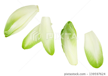 Chicory salad leaves isolated on white background with full depth of field. Top view. Flat lay Chicory salad leaves isolated on white background with full depth of field. Top view. Flat lay 139597624