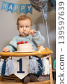 Toddler Baby boy eating himself birthday cake by spoon. First birthday family celebration. Child celebrates birthday with cake and decorations at home with balloons and decoration. Vertical card. 139597639