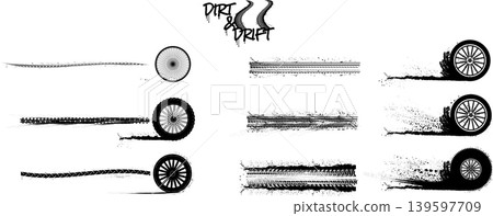Grunge tire track and wheel vector set. Dirty skid marks, splatter, and drift elements for automotive design Grunge tire track and wheel vector set. Dirty skid marks, splatter, and drift elements for automotive design 139597709