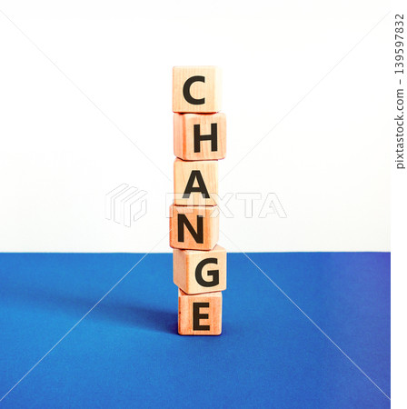 Change symbol. Concept word Change on beautiful wooden blocks. Beautiful blue and white background. Business change concept. Copy space. Change symbol. Concept word Change on beautiful wooden blocks. Beautiful blue and white background. Business change concept. Copy space. 139597832