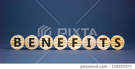Benefits word symbol. Concept word Benefits on beautiful wooden circles. Beautiful grey background. Business support help benefits word concept. Copy space. Benefits word symbol. Concept word Benefits on beautiful wooden circles. Beautiful grey background. Business support help benefits word concept. Copy space. 139597875