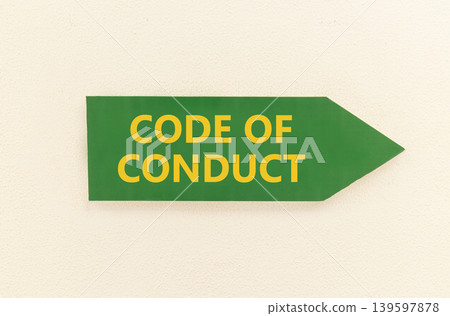 Code of conduct words symbol. Concept words Code of conduct on beautiful green information sign. Beautiful white wall background. Business Code of conduct concept. Copy space. 139597878