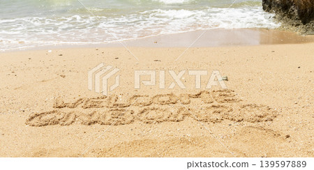 Business welcome onboard concept. Concept word Welcome onboard written on beautiful Red sea sand beach. Beautiful Red sea ocean sand beach background, copy space. Business welcome onboard concept. 139597889
