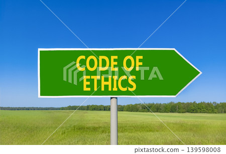 Code of ethics words symbol. Concept words Code of ethics on beautiful green road sign. Beautiful blue sky green field background. Business Code of ethics concept. Copy space. Code of ethics words symbol. Concept words Code of ethics on beautiful green road sign. Beautiful blue sky green field background. Business Code of ethics concept. Copy space. 139598008