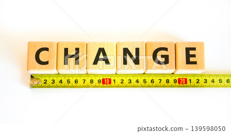 Change symbol. Concept word Change on beautiful wooden blocks. Beautiful white background. Beautiful yellow tape measure ruler. Business change concept. Copy space. Change symbol. Concept word Change on beautiful wooden blocks. Beautiful white background. Beautiful yellow tape measure ruler. Business change concept. Copy space. 139598050