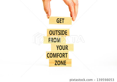 Leave your comfort zone symbol. Concept words Get outside of your comfort zone on beautiful wooden stick. Beautiful white background. Business psychological Leave comfort zone concept. Copy space. Leave your comfort zone symbol. Concept words Get outside of your comfort zone on beautiful wooden stick. Beautiful white background. Business psychological Leave comfort zone concept. Copy space. 139598053