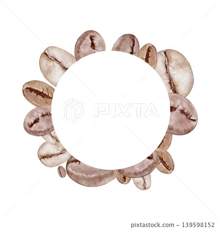 Coffee beans  watercolor  round wreath  illustration. Realistic roasted arabica beans in a circular border sticker template with copy space.  Hand drawn  botanical frame clip art. 139598152
