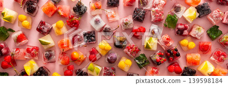 Ice cubes with frozen berries and fruits and mint on a red background, banner Ice cubes with frozen berries and fruits and mint on a red background, banner 139598184