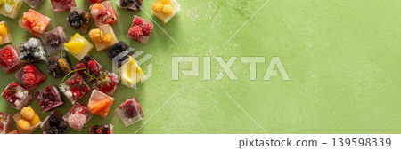Ice cubes with frozen berries and fruits and mint on a green background, banner Ice cubes with frozen berries and fruits and mint on a green background, banner 139598339