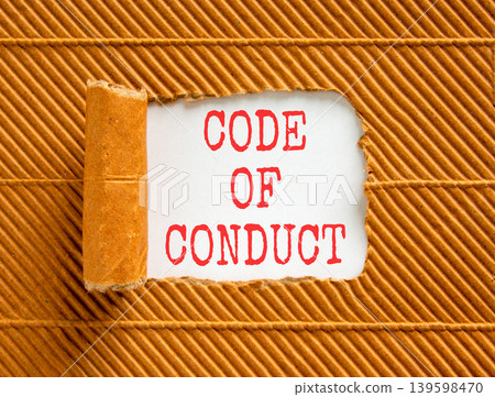 Code of conduct words symbol. Concept words Code of conduct on beautiful white paper. Beautiful brown background. Business Code of conduct concept. Copy space. Code of conduct words symbol. Concept words Code of conduct on beautiful white paper. Beautiful brown background. Business Code of conduct concept. Copy space. 139598470