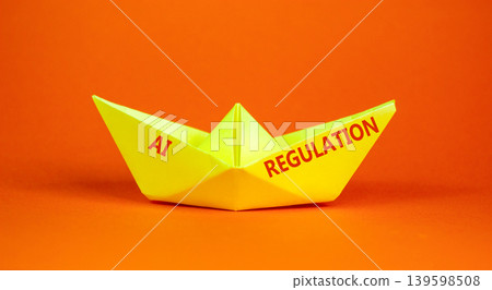 AI regulation symbol. Concept words AI artificial intelligence regulation on beautiful paper boat. Beautiful orange background. Business AI artificial intelligence regulation concept. Copy space. 139598508