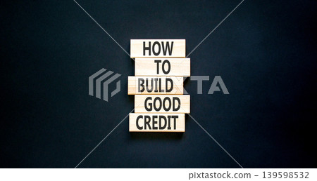 How to build good credit symbol. Concept words How to build good credit on beautiful wooden blocks. Beautiful black paper background. Business how to build good credit concept. Copy space. How to build good credit symbol. Concept words How to build good credit on beautiful wooden blocks. Beautiful black paper background. Business how to build good credit concept. Copy space. 139598532
