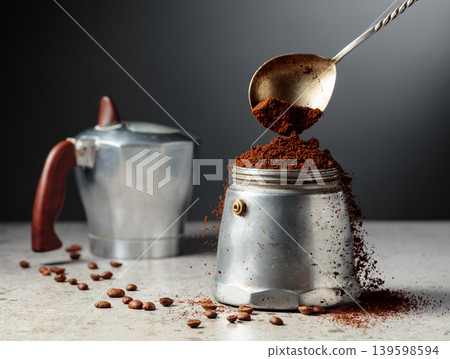 Grounded coffee is poured into a classic Italian aluminium moka pot, models from the 1950s to the 1960s. Grounded coffee is poured into a classic Italian aluminium moka pot, models from the 1950s to the 1960s. 139598594