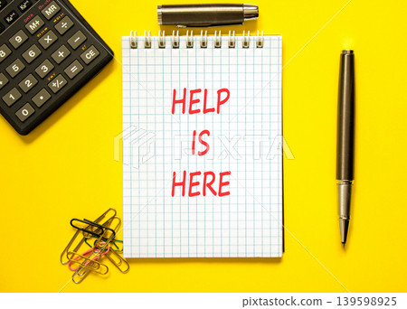 Help is here and support words symbol. Concept words Help is here on beautiful white note. Beautiful yellow background. Pen. Black calculator. Business help is here and support concept. Copy space. Help is here and support words symbol. Concept words Help is here on beautiful white note. Beautiful yellow background. Pen. Black calculator. Business help is here and support concept. Copy space. 139598925