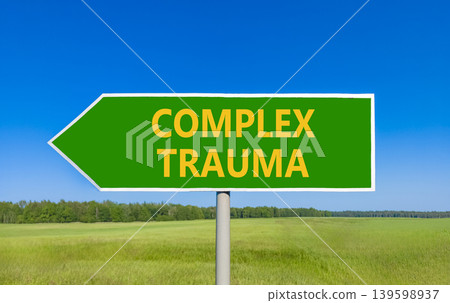 Complex trauma words symbol. Concept words Complex trauma on beautiful green road sign. Beautiful blue sky green field background. Psychological complex trauma support concept. Copy space. 139598937