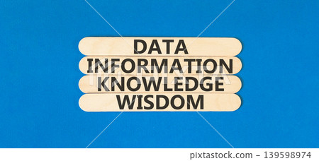 Knowledge Wisdom symbol. Concept words Data Information Knowledge Wisdom on beautiful wooden sticks. Beautiful blue background. Business Knowledge Wisdom Information concept. Copy space. Knowledge Wisdom symbol. Concept words Data Information Knowledge Wisdom on beautiful wooden sticks. Beautiful blue background. Business Knowledge Wisdom Information concept. Copy space. 139598974