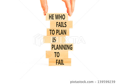 Planning to fail symbol. Concept words He who fails to plan is planning to fail on beautiful wooden blocks. Beautiful white background. Businessman hand. Business planning to fail concept. Copy space Planning to fail symbol. Concept words He who fails to plan is planning to fail on beautiful wooden blocks. Beautiful white background. Businessman hand. Business planning to fail concept. Copy space 139599239