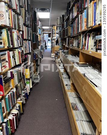 The bookshelves on both sides are filled to the brim with countless books. 139599295