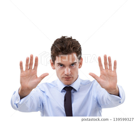 Businessman, hand and stop in studio portrait with forbidden warning, rejection and negative in mockup. Face, palm and protest emoji or defence sign, deny and wait or frustrated by white background Businessman, hand and stop in studio portrait with forbidden warning, rejection and negative in mockup. Face, palm and protest emoji or defence sign, deny and wait or frustrated by white background 139599327