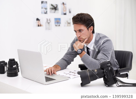 Photographer, thinking and editing on computer in office with technology, software and work. Professional, editor and creative person learning on laptop with photoshoot results or cinematography 139599328