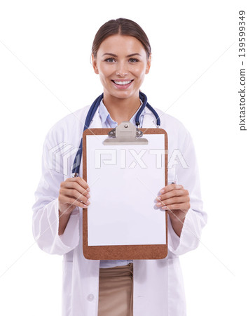 Doctor, portrait and woman with clipboard offer, paper or form mockup in studio on white background. Healthcare, space and face of surgeon with medical documents for hospital, compliance or insurance Doctor, portrait and woman with clipboard offer, paper or form mockup in studio on white background. Healthcare, space and face of surgeon with medical documents for hospital, compliance or insurance 139599349