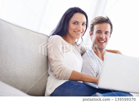 Couple, laptop and portrait on sofa with care, living room and wellness in marriage for bonding together. Face , woman and man for happy in committed relationship, relax weekend and love in apartment Couple, laptop and portrait on sofa with care, living room and wellness in marriage for bonding together. Face , woman and man for happy in committed relationship, relax weekend and love in apartment 139599370