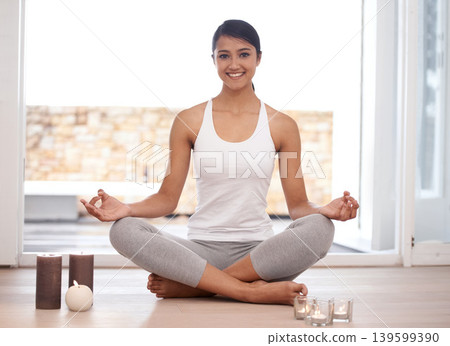 Lotus, yoga or portrait of woman on the floor for exercise, healthy body or wellness. Smile, ardha padmasana pose and person or girl at home for holistic physical activity, relax and fitness practice Lotus, yoga or portrait of woman on the floor for exercise, healthy body or wellness. Smile, ardha padmasana pose and person or girl at home for holistic physical activity, relax and fitness practice 139599390