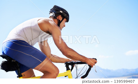 Man, cyclist and road fitness or workout for healthy wellness, competition or training. Male person, bicycle and physical activity in summer for athlete endurance or preparation, sport or triathlon Man, cyclist and road fitness or workout for healthy wellness, competition or training. Male person, bicycle and physical activity in summer for athlete endurance or preparation, sport or triathlon 139599407