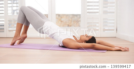 Woman, body and yoga for fitness and health with yogi on floor for workout at home, flexibility and calm with healing. Exercise, wellness and holistic, self care and physical wellbeing for zen Woman, body and yoga for fitness and health with yogi on floor for workout at home, flexibility and calm with healing. Exercise, wellness and holistic, self care and physical wellbeing for zen 139599417