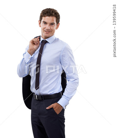 Portrait, smile and a business man in a suit isolated on a white background for his professional career. Corporate, work or job with a confident young person in a shirt and tie as an employee Portrait, smile and a business man in a suit isolated on a white background for his professional career. Corporate, work or job with a confident young person in a shirt and tie as an employee 139599418
