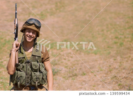 Military, mockup and gun with portrait of man in nature for war, conflict and patriotism. Army, surveillance and security with person and rifle training for soldier, battlefield and veteran space 139599434