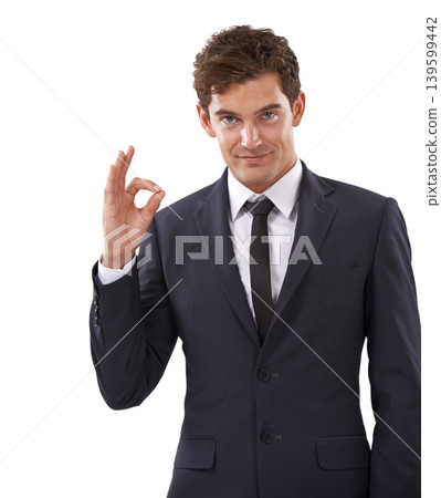 Perfect, hands or portrait of business man in studio with thank you gesture on white background. Ok, emoji or male entrepreneur face with success, feedback or review approval for service excellence Perfect, hands or portrait of business man in studio with thank you gesture on white background. Ok, emoji or male entrepreneur face with success, feedback or review approval for service excellence 139599442