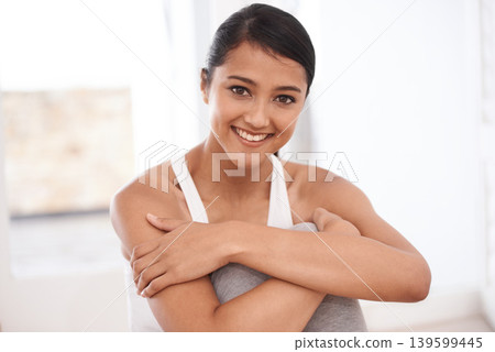 Portrait, fitness and happy woman in home for exercise, yoga or pilates. Smile, healthy body and a young person or girl in house for physical activity, holistic wellness and relax alone in Brazil Portrait, fitness and happy woman in home for exercise, yoga or pilates. Smile, healthy body and a young person or girl in house for physical activity, holistic wellness and relax alone in Brazil 139599445