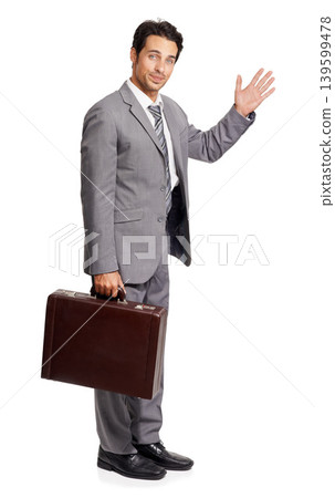 Portrait, hello and business man with briefcase in studio isolated on a white background. Professional lawyer, wave and hand gesture for greeting, salute or goodbye of worker in suit on mockup space 139599478