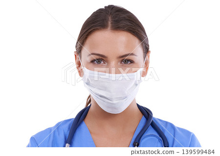 Woman, portrait and doctor with face mask for protection, health and safety in surgery on a white studio background. Female person, surgeon or medical nurse with protective gear for bacteria or germs Woman, portrait and doctor with face mask for protection, health and safety in surgery on a white studio background. Female person, surgeon or medical nurse with protective gear for bacteria or germs 139599484