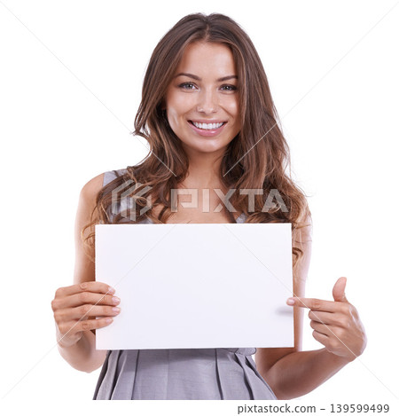 Paper, mockup and portrait of happy woman with hand pointing to space in studio on white background. Empty, poster and face of female model with presentation gesture, deal or platform, guide or offer Paper, mockup and portrait of happy woman with hand pointing to space in studio on white background. Empty, poster and face of female model with presentation gesture, deal or platform, guide or offer 139599499