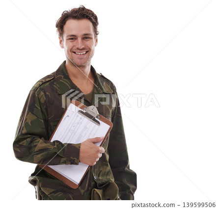 Military, recruitment and clipboard with portrait of man in studio for war, conflict and sign up. Army, surveillance and security with person on white background for soldier, battlefield and veteran Military, recruitment and clipboard with portrait of man in studio for war, conflict and sign up. Army, surveillance and security with person on white background for soldier, battlefield and veteran 139599506