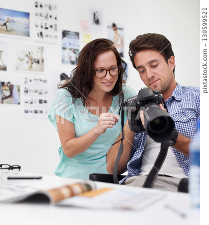 Camera, office and photographer team looking at photoshoot in a studio or workshop for production. Creative, photography and young artists with dslr equipment for picture inspection in workplace. 139599521