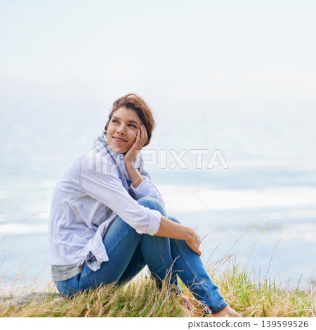 Woman, thinking and relax at beach in nature with happiness, gratitude and peace on holiday or vacation. Mindfulness, mock up and person on hill at the ocean or sea with ideas for future or travel Woman, thinking and relax at beach in nature with happiness, gratitude and peace on holiday or vacation. Mindfulness, mock up and person on hill at the ocean or sea with ideas for future or travel 139599526