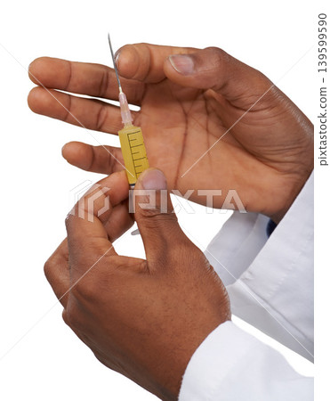 Hands, doctor and person with needle, medicine or vaccination with drugs and healthcare on white background. Syringe, prescription medication and liquid supplement for health and wellness in studio Hands, doctor and person with needle, medicine or vaccination with drugs and healthcare on white background. Syringe, prescription medication and liquid supplement for health and wellness in studio 139599590