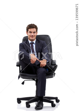 Happy, businessman and portrait of manager in a chair with white background or mock up space in studio. Confident, entrepreneur and relax on seat with professional style, fashion or suit for work Happy, businessman and portrait of manager in a chair with white background or mock up space in studio. Confident, entrepreneur and relax on seat with professional style, fashion or suit for work 139599671