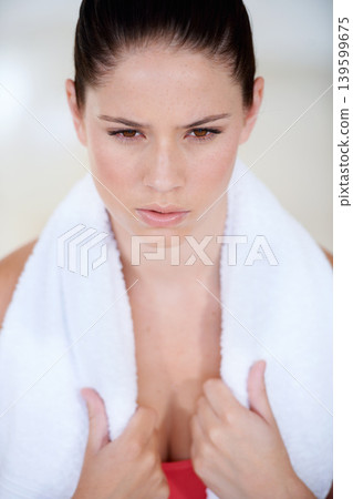 Woman, thinking or tired athlete on break after exercise, fitness training or workout, resting in gym. Healthy, fatigue or exhausted person breathing to relax for sports recovery or challenge in USA Woman, thinking or tired athlete on break after exercise, fitness training or workout, resting in gym. Healthy, fatigue or exhausted person breathing to relax for sports recovery or challenge in USA 139599675